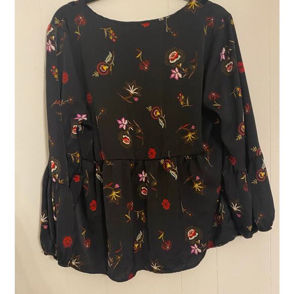Black Floral Babydoll Tunic V-neck Velvet Trim Long Sleeve Large Whimsigoth Boho - Picture 2 of 8